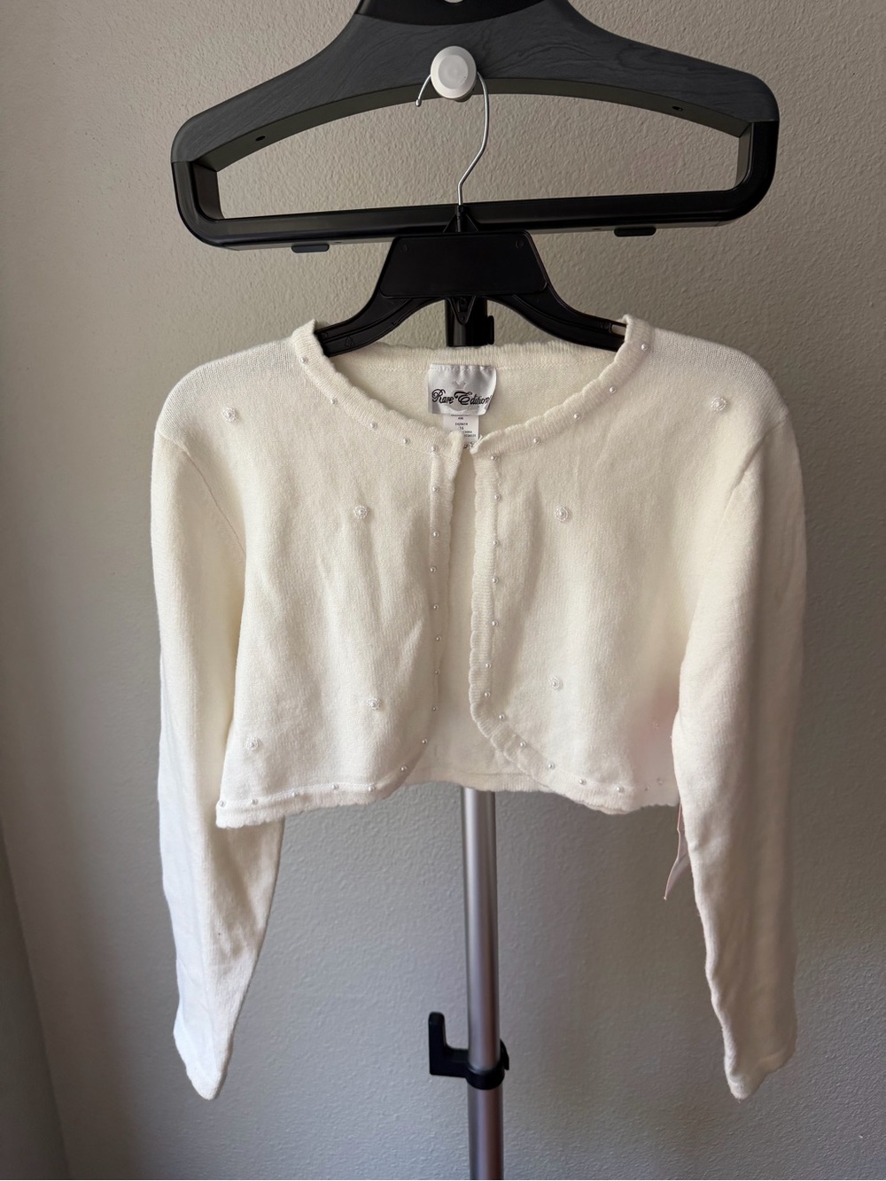 Rare Editions Girls Ivory Pearl-Embellished Cropped Cardigan Size 16